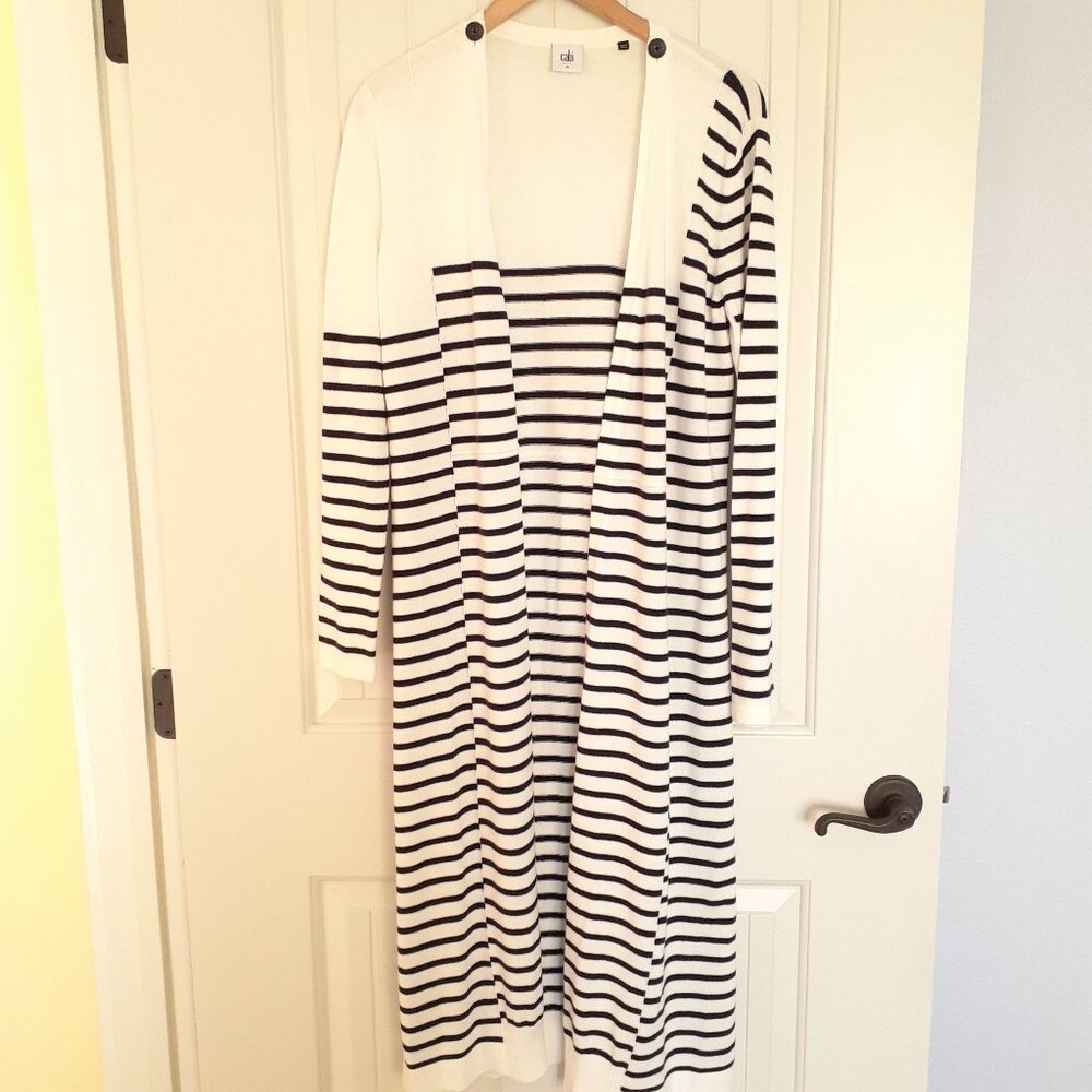 Cabi Victory Longline Open Front Striped Duster Cardigan Navy Blue Ivory Size M